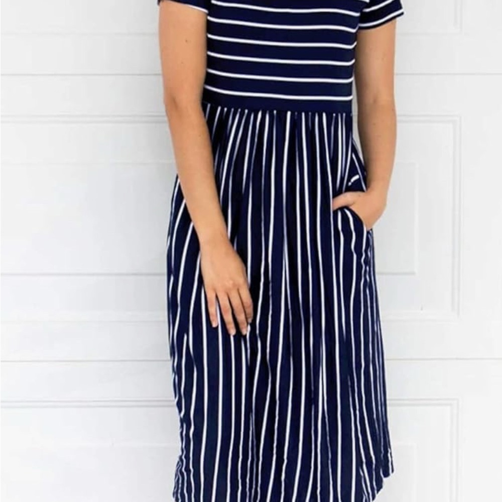 Merokeety Navy Striped Midi Dress Blue White Size M - Picture 5 of 5